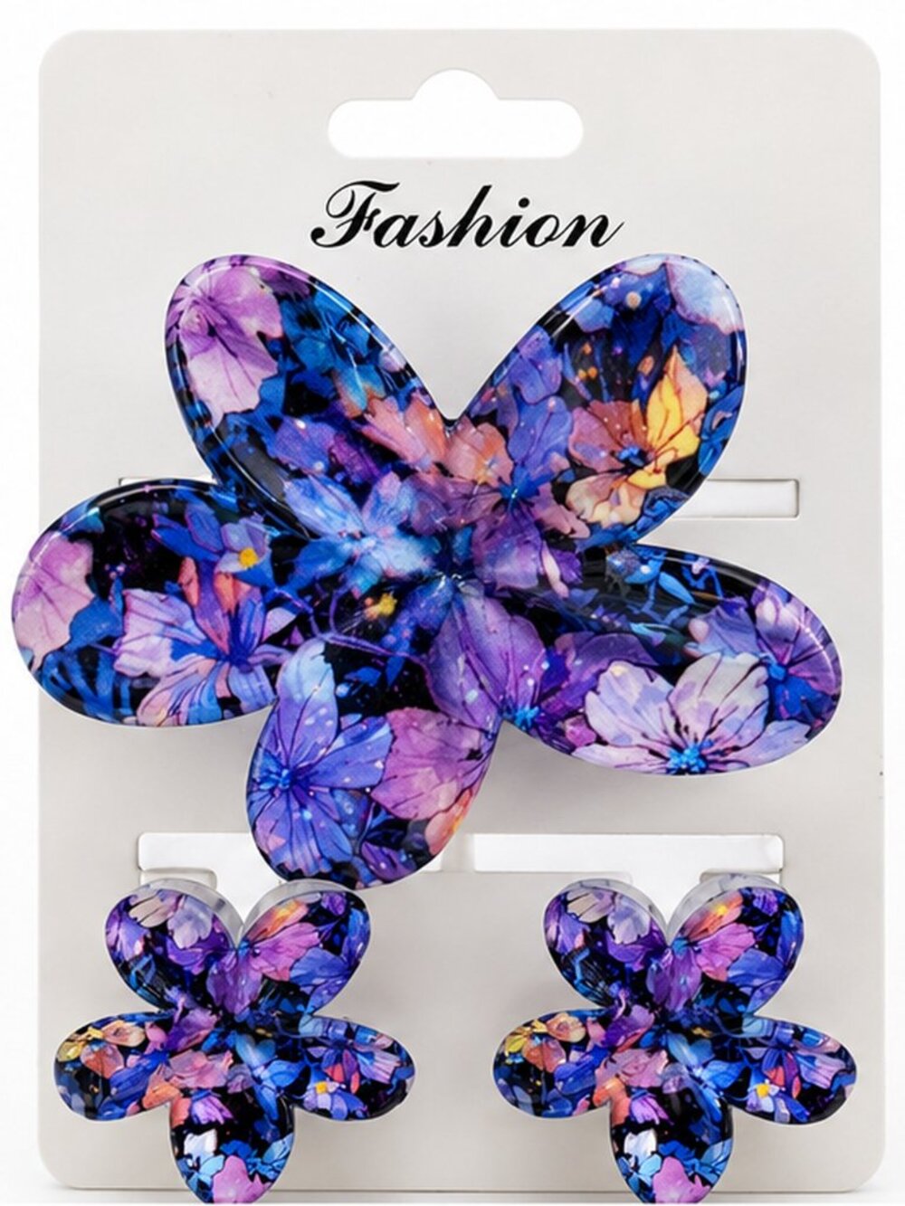 Purple & Blue Floral Hair Claw Clip with Matching Earrings – 3-Piece Set